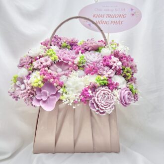 Giỏ hoa nến thơm khai trương 35 bông tone tím trắng sang trọng hiệu Can Lãnh