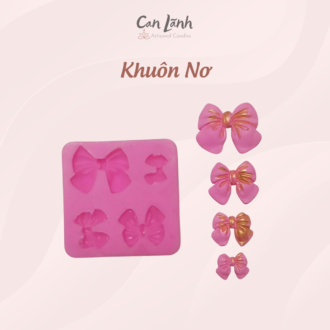 Khuôn silicone màu hồng và 4 chiếc nơ sáp thành phẩm màu hồng điểm xuyết nhũ vàng Can Lãnh