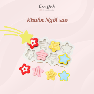 Khuôn silicone trắng đục và các sản phẩm ngôi sao thành phẩm đa màu sắc (đỏ, hồng, vàng, xanh) cực kỳ đáng yêu của Can Lãnh