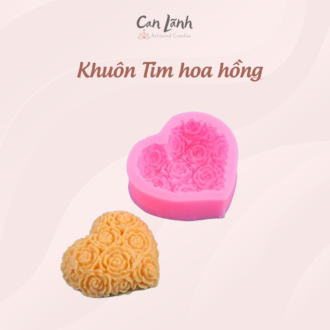 Khuôn silicone màu hồng và khối nơ sáp hình trái tim kết hoa hồng màu cam nhạt thành phẩm Can Lãnh