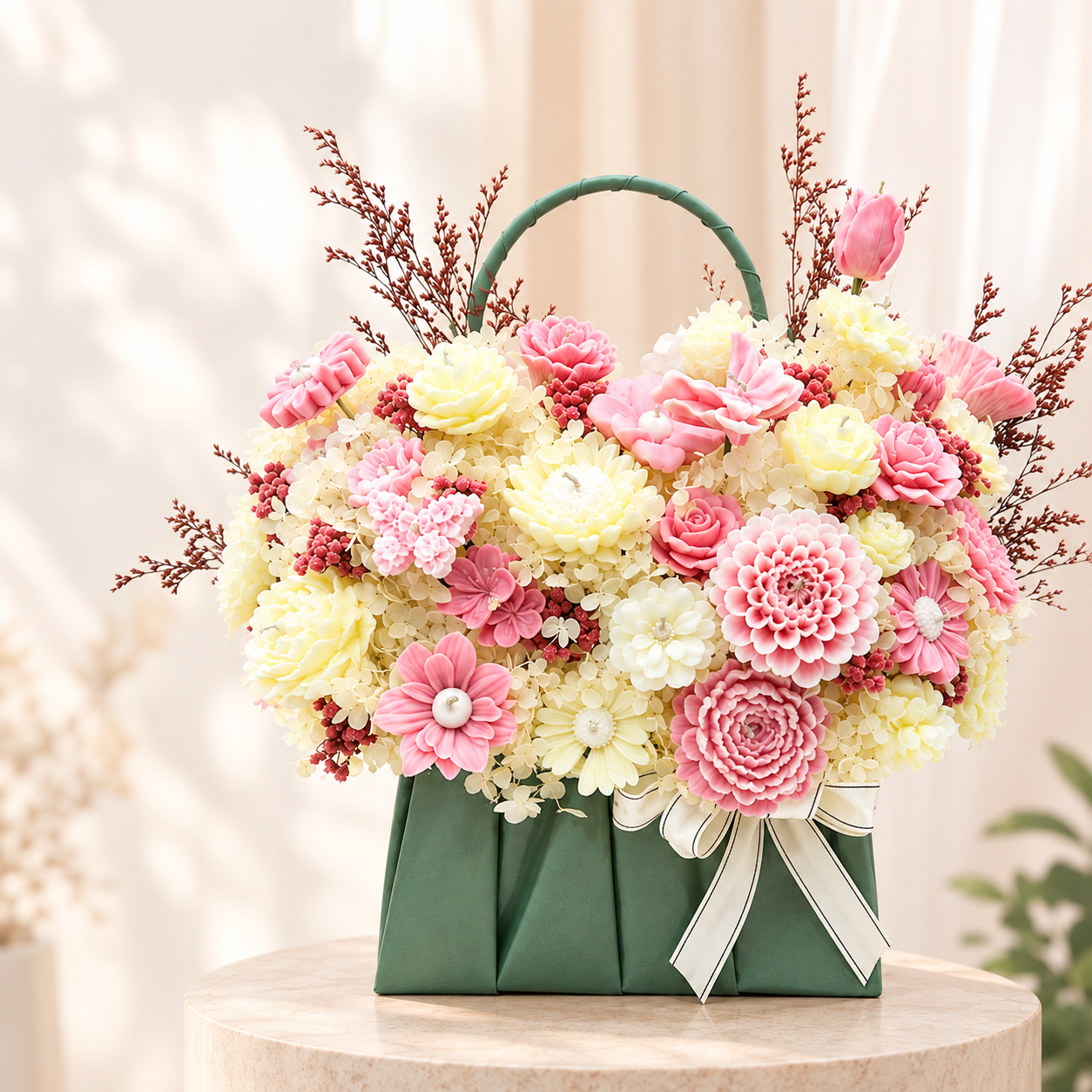 GIỎ HOA NẾN THƠM XANH LÁ HỒNG