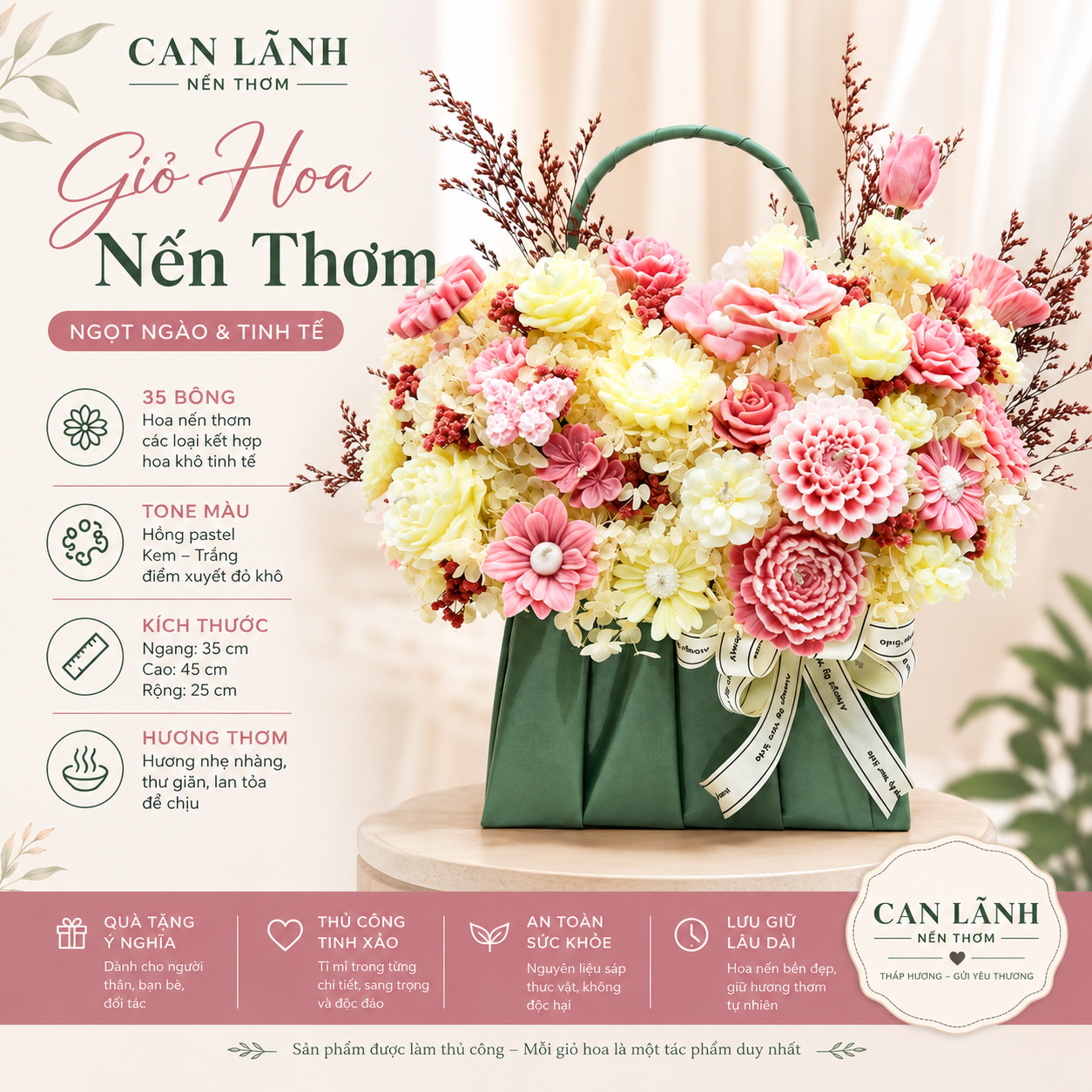 GIỎ HOA NẾN THƠM XANH LÁ HỒNG