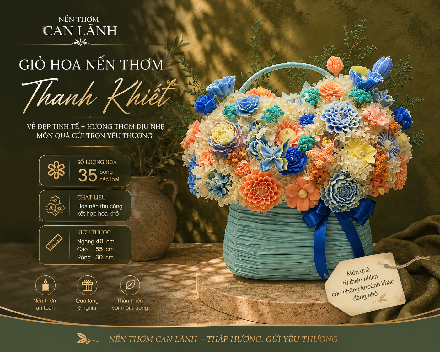 GIỎ HOA NẾN THƠM CAN LÃNH TONE XANH CAM NỔI BẬT