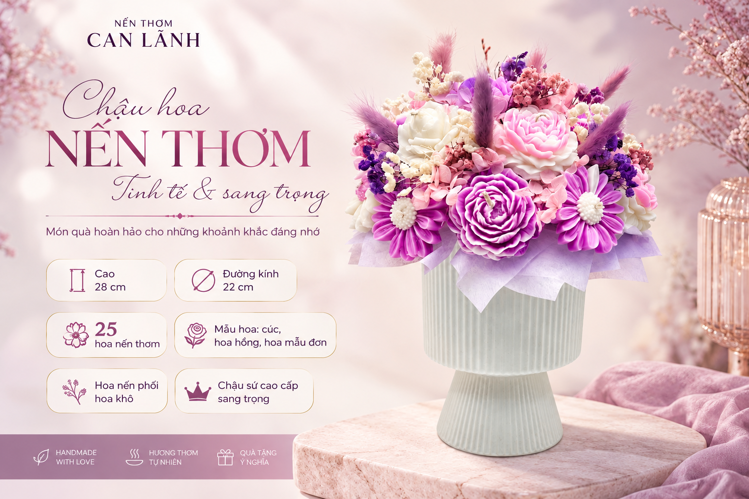 chậu hoa nến thơm trắng tím
