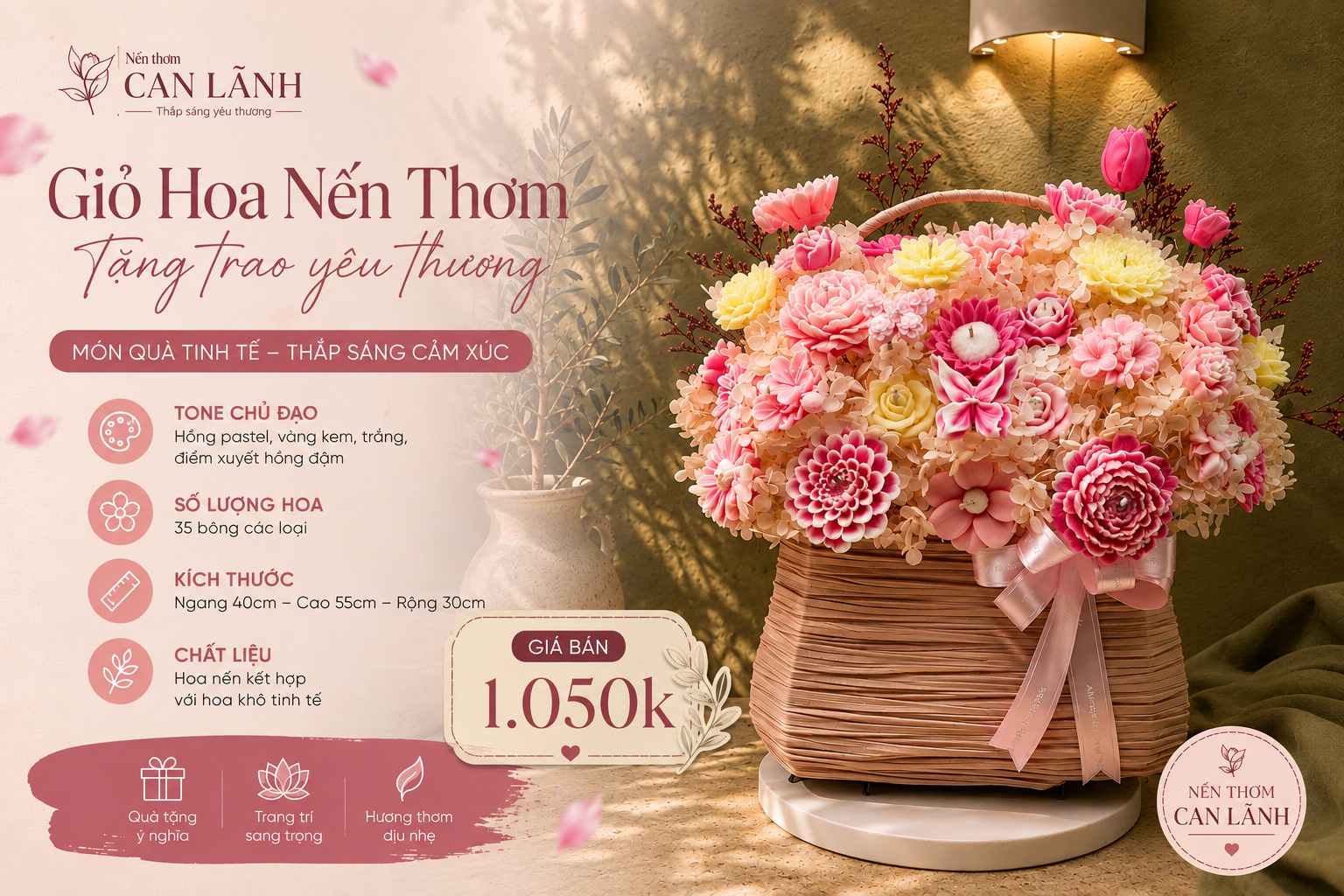 Giỏ Hoa Nến Thơm Hương Sắc Yêu Thương