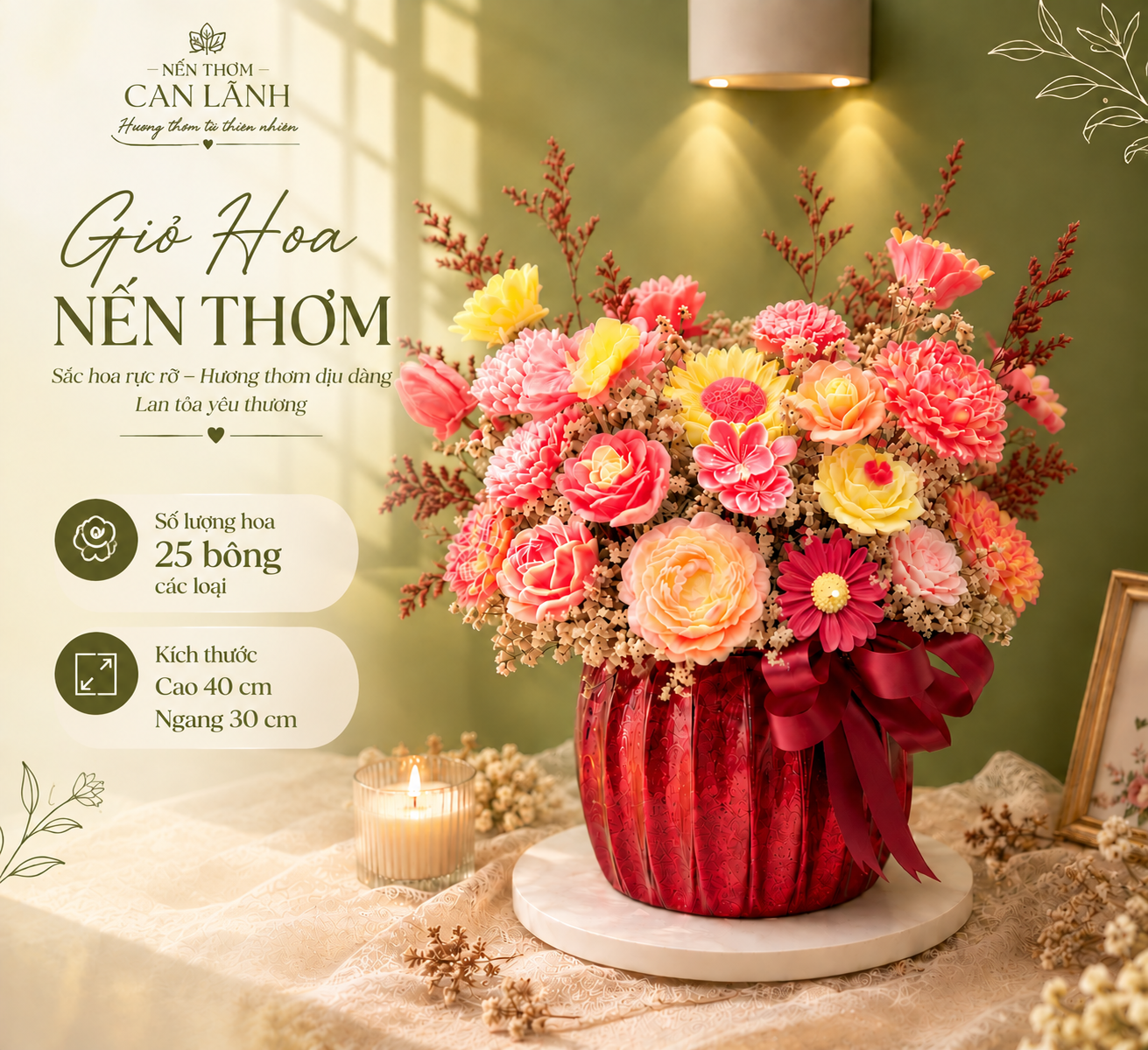 CHẬU HOA NẾN THƠM TONE ĐỎ