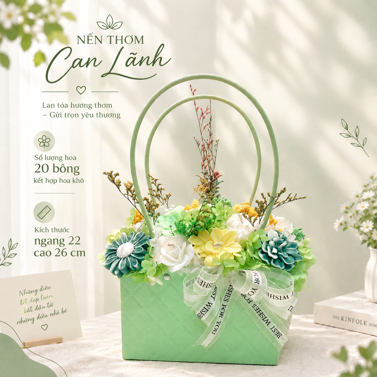 giỏ hoa nến thơm xanh dịu